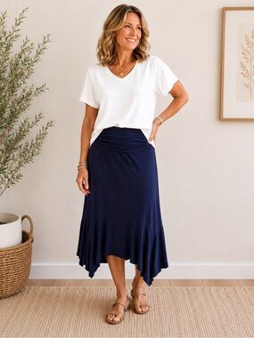 Fold-Over Waist High-Low Skirt in Navy Blue